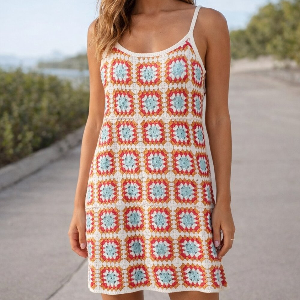 Y2K Crochet Granny Square Dress Large Boho Coastal Retro Knit - Picture 1 of 11